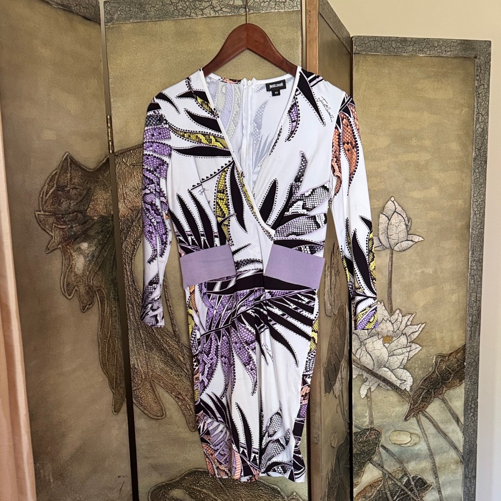 Just Cavalli White and Purple Long Sleeve Dress
